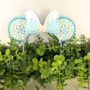 Snowflake Mouse Ears Headband | Blue Glitter and Sequin Mouse Ears Headband | Christmas Frozen Snow Theme Mouse Ears