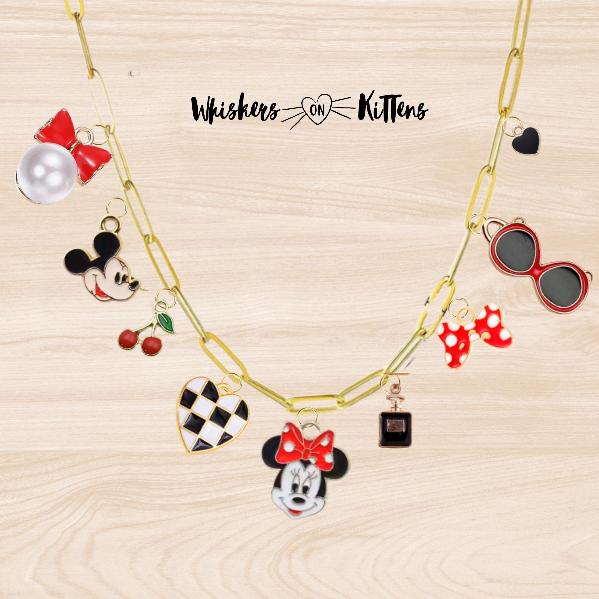 Mouse Theme Charm Necklace Classic  Red Bow Heart Perfume Bottle Paperclip Chain 24 Inch Adjustable Necklace
