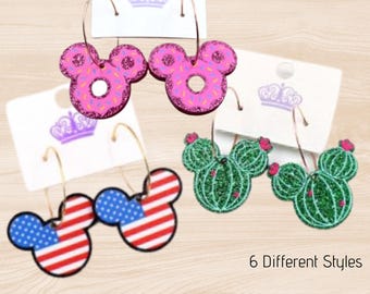 Mouse Acrylic Resin Hoop Earrings  6 Styles  Cactus, Americana, Donuts, Metallic Gold, Blue Sparkle – Lightweight & Nickel-Free