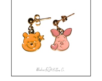 Bear and Pig Character Enamel Dangle Earrings