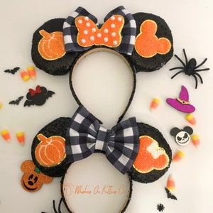 Halloween Chenille Pumpkin Character Patches Black Orange Pearl Embellished Mouse Ears Headbands