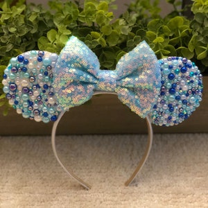 Blue and White Pearl Iridescent Bow  Mouse Ears Headband | Blue and White Jeweled Mouse Ears | Bejeweled Mouse Ears - NEW ARRIVAL