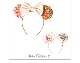 Celebrate Happy Pearl Minnie Ears with White Velvet Bow & Glitter Vinyl Logo