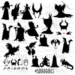 May include: A set of 18 black and white silhouette images of various Disney villains, including Maleficent, Ursula, Cruella de Vil, and the Evil Queen. The images are arranged in a grid pattern and include the text "FRIENDS" and "#SQUADGOALS".
