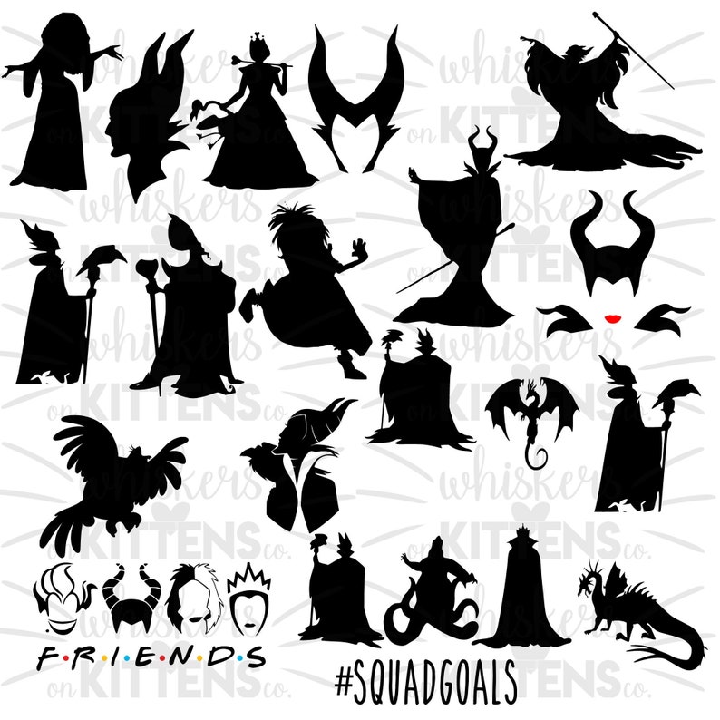 May include: A set of 18 black and white silhouette images of various Disney villains, including Maleficent, Ursula, Cruella de Vil, and the Evil Queen. The images are arranged in a grid pattern and include the text "FRIENDS" and "#SQUADGOALS".