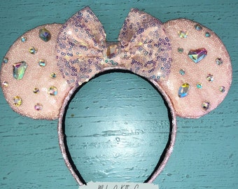 Blush Sequin Mouse Ears Headband | Pink Jeweled Mouse Ears | Bejeweled Mouse Ears