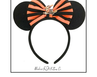 Halloween Witch Mouse Ears: Black & Orange Striped Bow