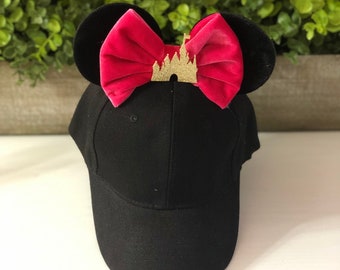 Youth Size Mouse Ears Hat | Hot Pink Bow and Gold Castle Mouse Ears Hat | Adjustable Youth Size Mouse Ears Hat