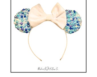 Blue & White Pearl Mouse Ears Headband: Jeweled Velvet Ears