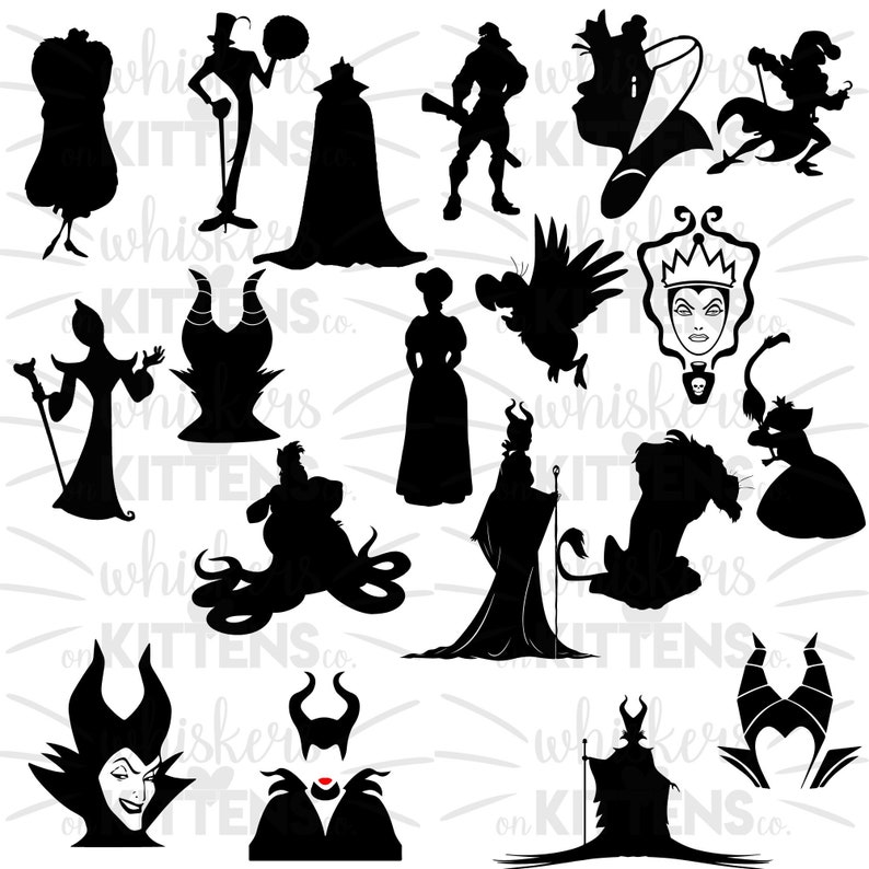 May include: A set of 14 black and white silhouette images of various Disney villains. The villains include Maleficent, Ursula, Cruella de Vil, the Evil Queen, and more.