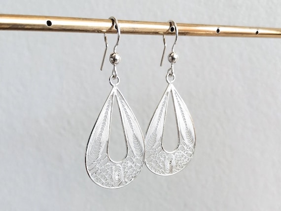 925 sterling silver filigree drop hook earrings weight of 4 grams jewellery vintage