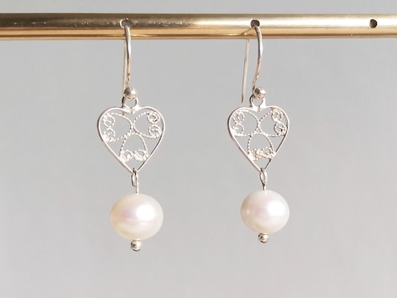 925 sterling silver fresh water pearl & filigree heart hook drop earring jewellery vintage