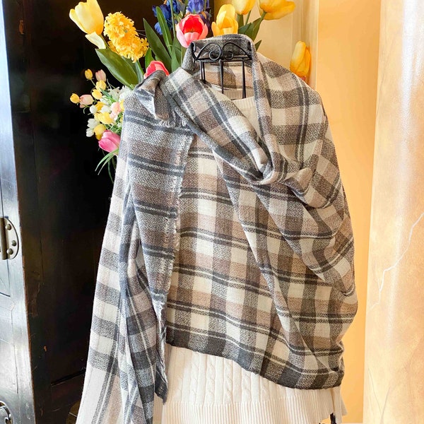Handmade Organic Cashmere Scarf, Plaid Wool Shawl Wrap