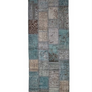 Blue Patchwork Overdyed Rug Runner, 2&#39;7&quot;x9&#39;10&quot; ft. 80x300 cm Vintage Overdyed Turkish Rug, Blue Gray Overdyed Rug