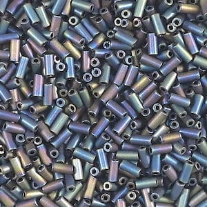 size 2 bugle bead, 5 mm long, matte, blue iris metallic, glass bugle beads-8 grams-Bin# 45