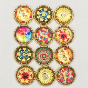 12 pcs. of 15 mm Glass Cabochons in Gold Bezel Cups-Set 4