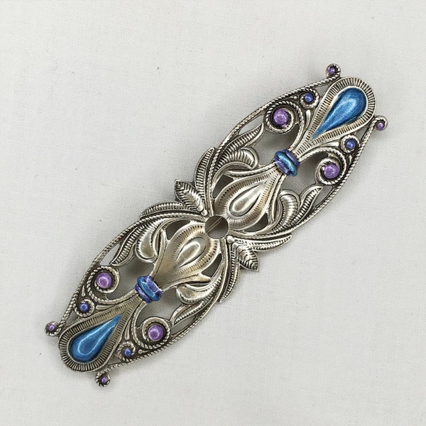 Ornate, Metal Bar Pin- Antique satin silver plate on brass- 70 mm long-Purple and Blue-#48