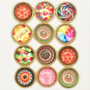 12 pcs. of 15 mm Glass Cabochons in Gold Bezel Cups-Set 11