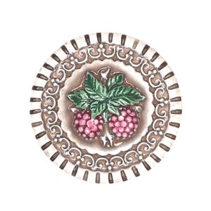 May include: A round decorative plate with a detailed design. The center features two pink raspberries with green leaves. The plate has a brown and white border with a decorative pattern. The overall design is detailed and artistic.