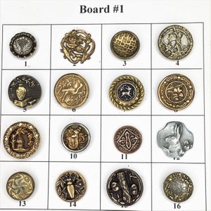 Antique Metal Buttons - 16 Asst. Buttons - Board 1