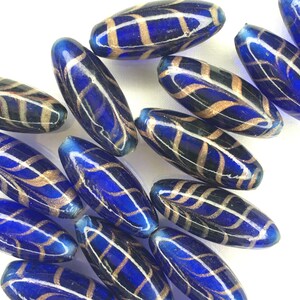 15 pcs. of Transparent Cobalt Glass, Feather Design, Barrel Beads-13mm X 26mm-India Beads #