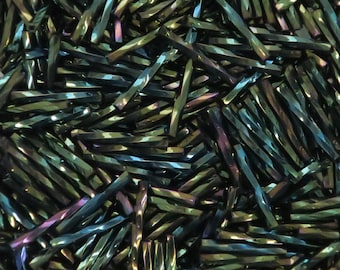 20 mm long, Twisted Bugle bead, Green metallic iris -20 grams- Bin #154