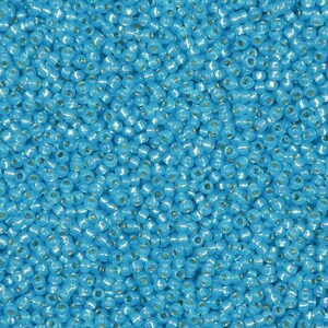 Size 11/0, aqua blue, gold lined, glass, Japanese seed beads- Bin #159