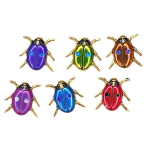 May include: Six colorful ladybug charms with gold accents. The ladybugs are purple, green, orange, pink, blue, and red.