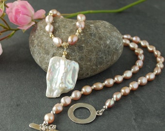 Pink Freshwater Pearl Necklace with Flat Focal Pearl, Gold Accents