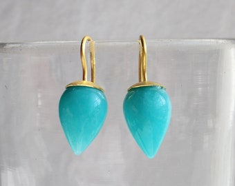 Turquoise Amazonite earrings with 900 gold, hanging earrings 22 carat gold handmade with bright blue Amazonite, drop earrings