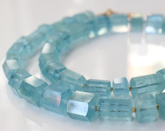 large light blue aquamarine necklace with handmade hook closure made of 900 gold, aquamarine crystal necklace in strong blue, unique jewelry