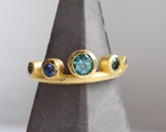 Stacking ring made of 900 gold with blue-green tourmaline, sapphire, emerald and diamond, stackable ring 900 gold with colored stones, ring to combine
