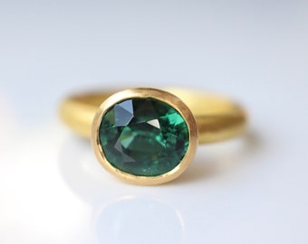 forest green indigolite tourmaline ring made of 900 gold size 55, 22k gold ring with blue-green tourmaline, unique piece handmade goldsmith