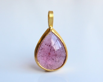 Pink tourmaline pendant made of 900 gold, 22k gold pendant with pink tourmaline, handmade, old pink tourmaline pendant drops,