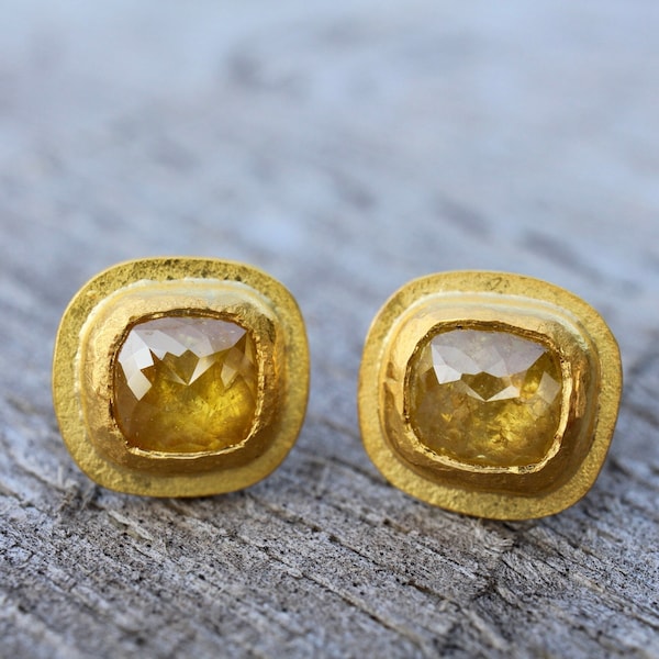 Rose cut diamond stud earrings in 24k fine gold and 18k gold, yellow diamond earrings, natural diamonds in fine gold