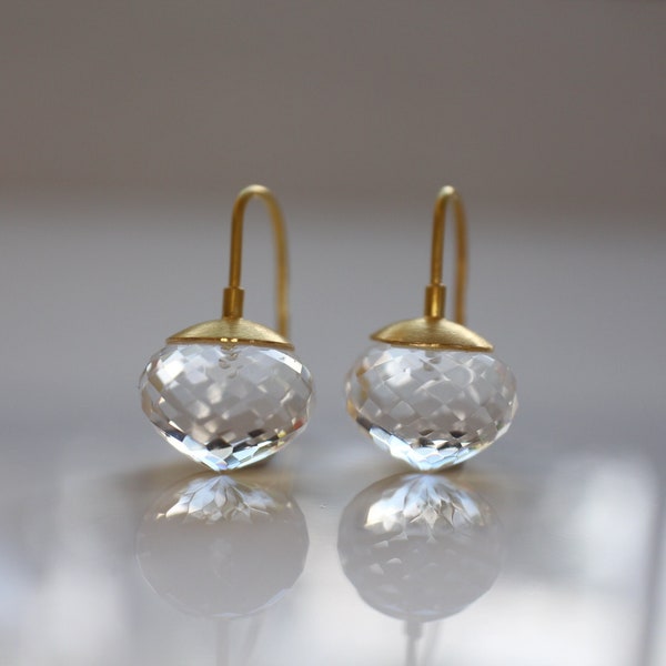 Boucles d'oreilles élégantes pour tous les jours en or 900 avec cristal de roche, boucles d'oreilles en cristal de roche en or 22 carats, boucles d'oreilles en cristal de roche scintillantes