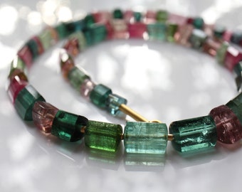 Blue-green tourmaline necklace with 900 gold clasp handmade, watermelon tourmaline crystals in blue-green and pink with 22 carat gold clasp