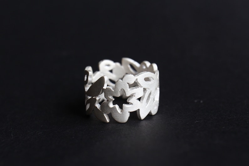 floral silver ring, ring sculpture, wide silver ring with floral pattern, silver ring floral lace image 1