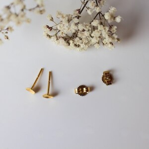 May include: Two gold-toned earring posts with a flat, oval-shaped top. The backs of the earrings are also gold-toned and have a circular shape with a small, raised center.