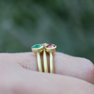 May include: Three gold rings with bezel-set gemstones. One ring features a green gemstone, another a red gemstone, and the third a clear gemstone. The rings have thin, gold bands and are displayed against a blurred green background.