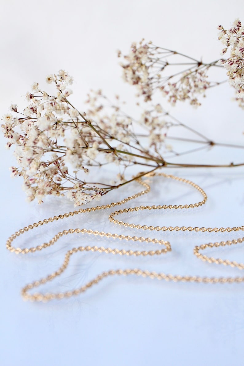May include: A delicate gold chain necklace on a white background with dried white flowers.