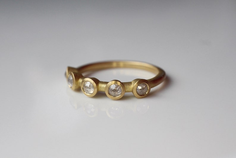 white rose cut diamond ring made of 750 gold, delicate ring made of 18k gold with white rose cut diamonds, gold stacking ring with 5 diamond roses image 1