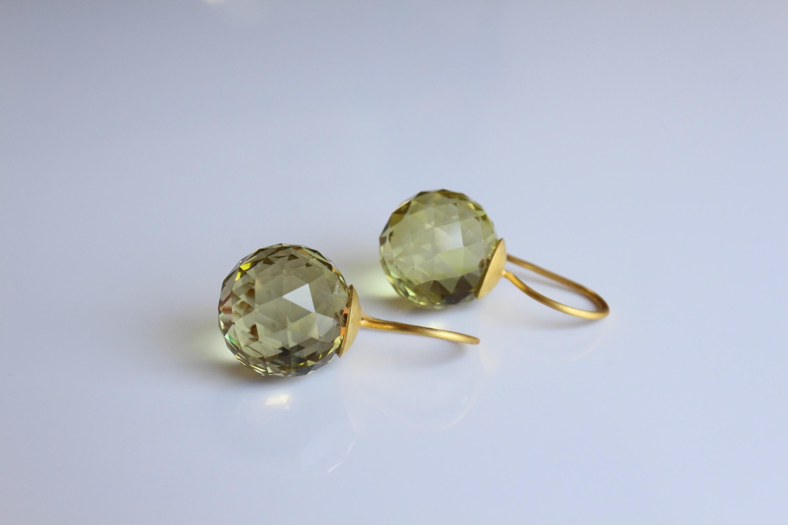 Lemon citrine earrings with 900 gold, 22k gold earrings with green-yellow lemon citrines, ball earrings for every day handmade goldsmith