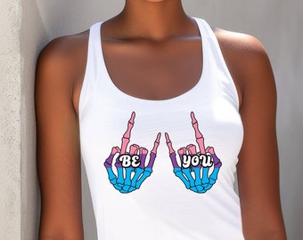 Canotta con schiena incrociata "Be You Bisexual Rock Hands", canotta LGBTQ+, maglia con bandiera bisessuale e cuore, maglietta LGBTQIA Pride, articoli essenziali per la parata dell'orgoglio