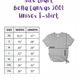May include: Size chart for Bella Canvas 3001 unisex t-shirt. The chart shows the width and length measurements in inches for sizes XS to 3XL.