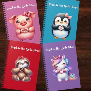 Cuaderno espiral "Heart in the Write Place", diario con adorables animales de dibujos animados, páginas rayadas para tomar notas creativas, papelería de escritura original.