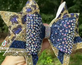 The "Camille" Bow//Navy and gold rhinestone cheer bow leopard