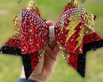 Team Orders Only!!  Min Order 10 + bows//customizable lightning bolt cheer Bow// gold, red and black cheer bow//lightning storm cheer bow