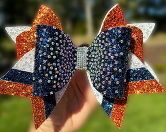 The "Showstopper" Bow//Large 7” cheer bow// orange, navy and white cheer bow//orange Bling bow//orange cheer bow