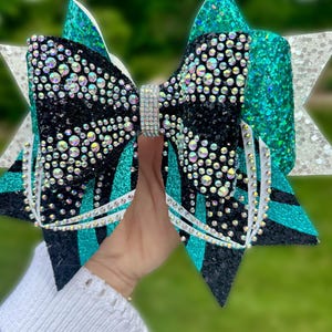 Teal and black cheer bow// black rhinestone cheer bow//rhinestone cheer bow// competition cheer bows//cheer bow